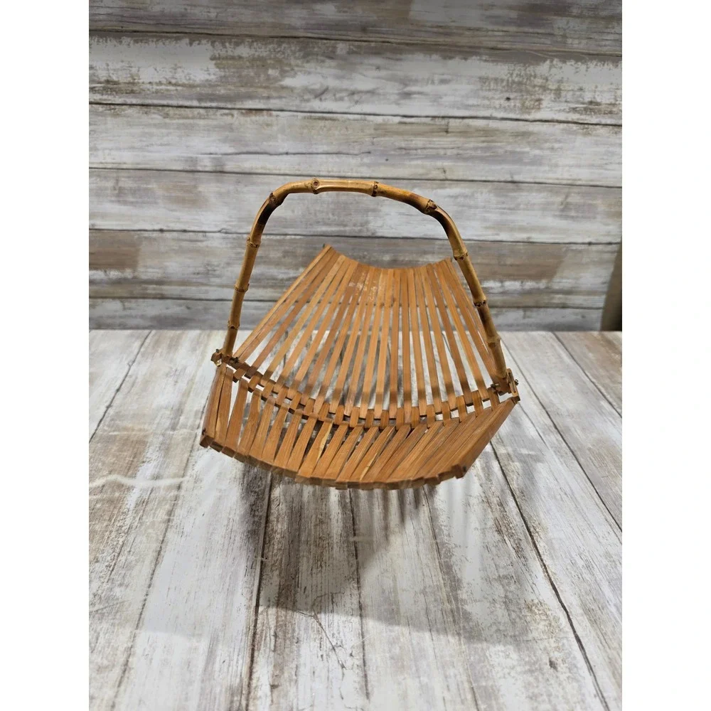 Vintage Bamboo Slat Collapsible Fruit Basket Wood Handle Accordion Bowl Brown